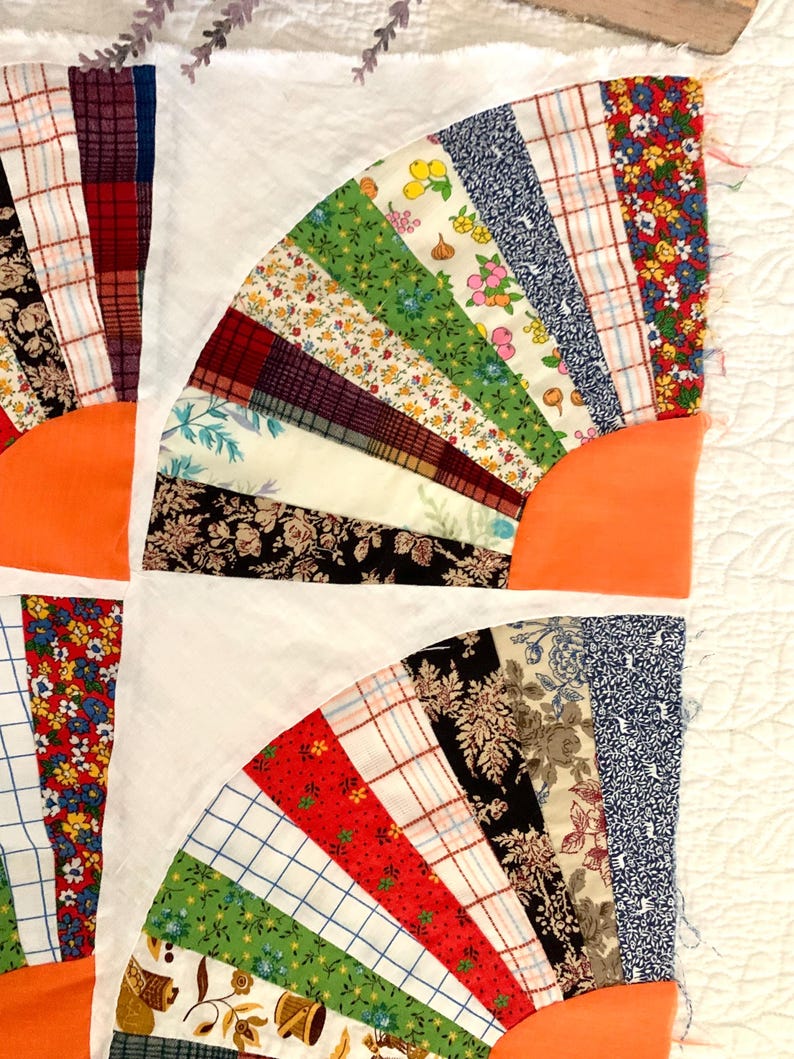 Vintage Fan Quilt Piece/block for DIY Upcycling Handmade 19” X 19 ...