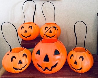1 Vintage Halloween Pumpkin Pail Blow Mold Trick or Treat Halloween Jack O Lantern Candy Bucket 1980’s Carolina Enterprises Pumpkin Blow Mol