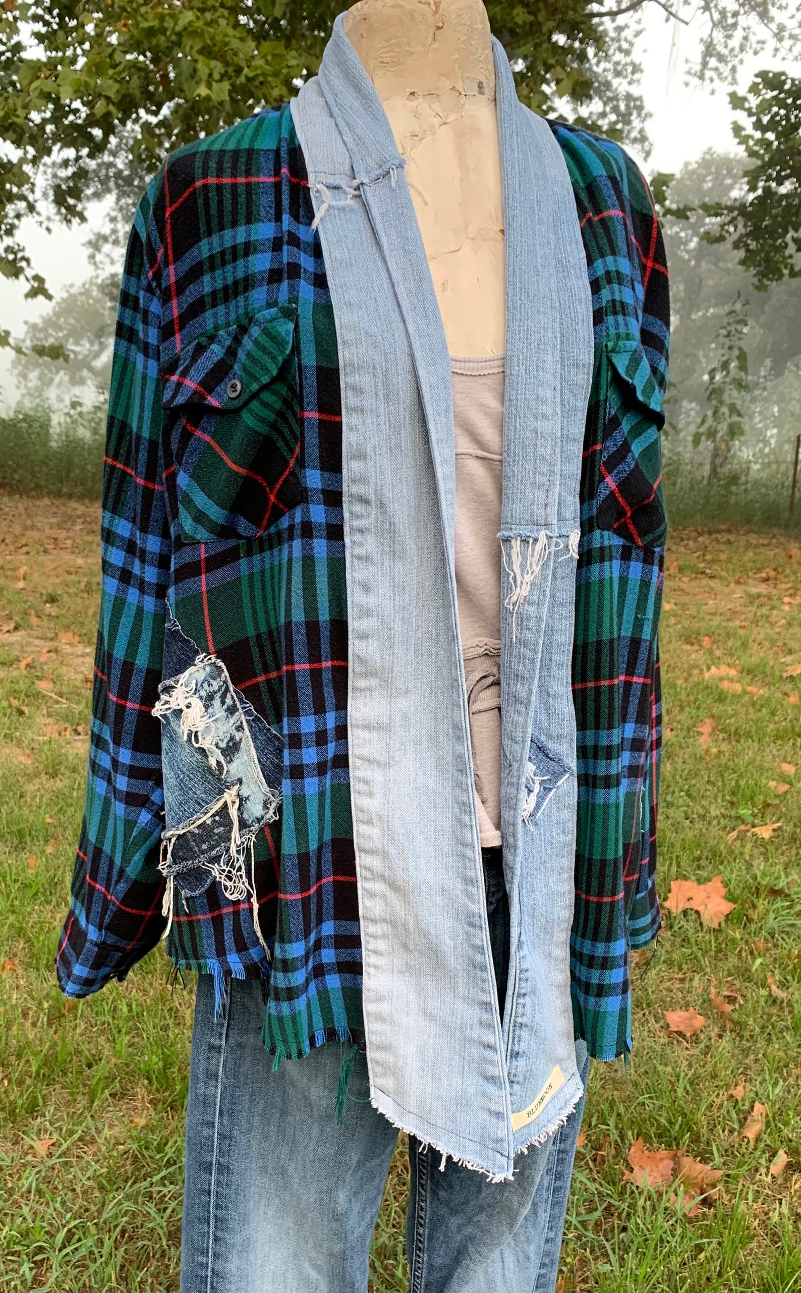Upcycled MEDIUM Refashioned Flannel and Denim Jacket Trending Etsy