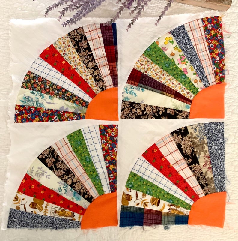 Vintage Fan Quilt Piece/block for DIY Upcycling Handmade 19” X 19 ...