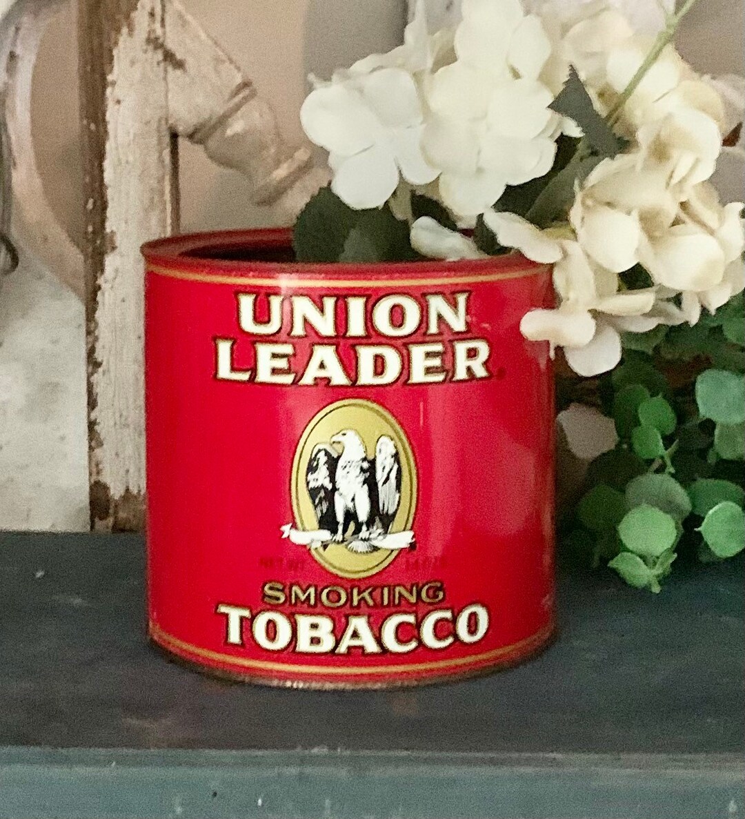 Vintage Tobacco Tin Can Union Leader Tobacco Vintage Advertising Red  Planter Vase Kitschy Kitchen American Farmhouse Vignette Decorating