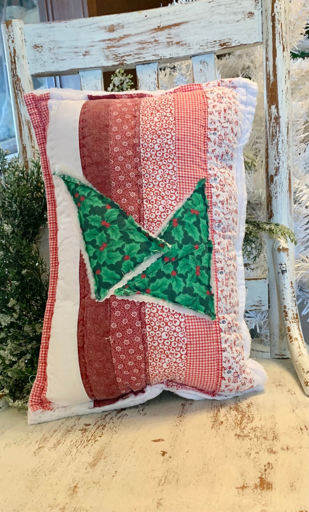 Vintage Quilt Pillow Christmas Tree Pillow Farmhouse Christmas Etsy