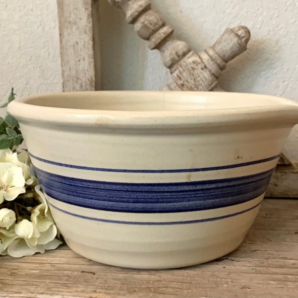 Vintage Stoneware Pottery Mixing/Pouring Bowl Blue Band Stoneware Pottery Batter Bowl String Prairie Texas Pottery Mixing Bowl Large 8 Cups