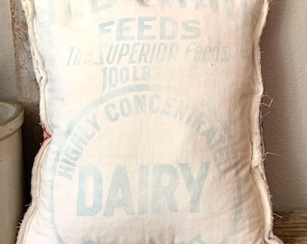 Vintage Feed Sack/Vintage Quilt Pillow Combo Primitive Accent/Toss Pillow Farmhouse Country Living Style Pillow 12.5” X 14” Red Chain Feeds