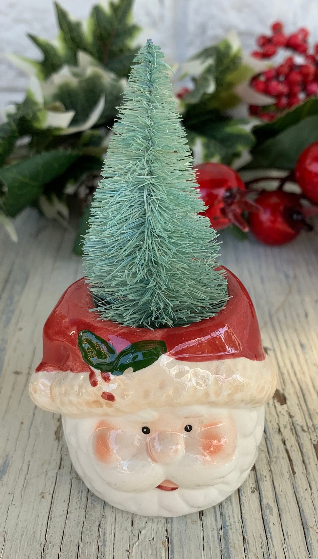 Vintage Santa Candle Holder Bottle Brush Tree Mantle Small Space Shelf Christmas Decor Rustic