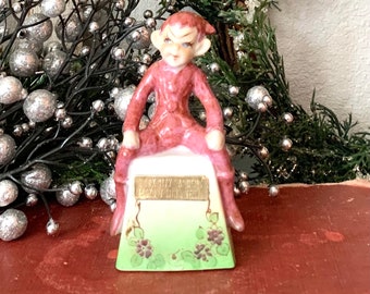 Vintage Christmas Pixie Elf Bell Souvenir Tenn. Made in Japan Pink Suit Ceramic Pixie Japan Farmhouse Country Christmas Shelf Sitter Vignett