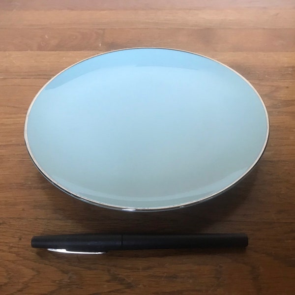 Franciscan Dawn Salad Plate Aqua Aquamarine Turquoise MidMod Platinum Trim Coupe Shape Interpace Masterpiece Smooth Modern Style Made in USA