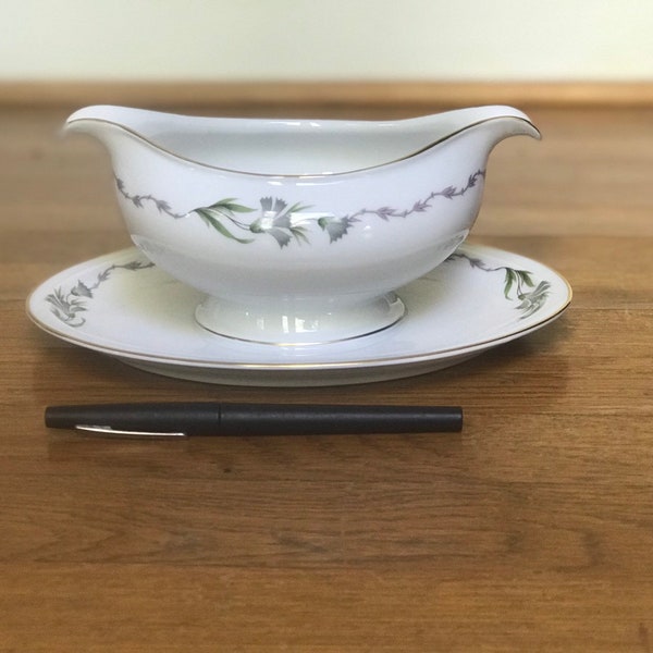 Rosenthal Fantasia Gravy Boat with Underplate Double Spout Winifred Shape Continental Floral Print Green Yellow Gold Trim Made in Germany