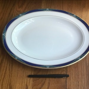 Royal Doulton Regalia 13 inch Oval Serving Platter Gold Trim White Palladio Line Band Turquoise Green Blue Made in England Mint Condition