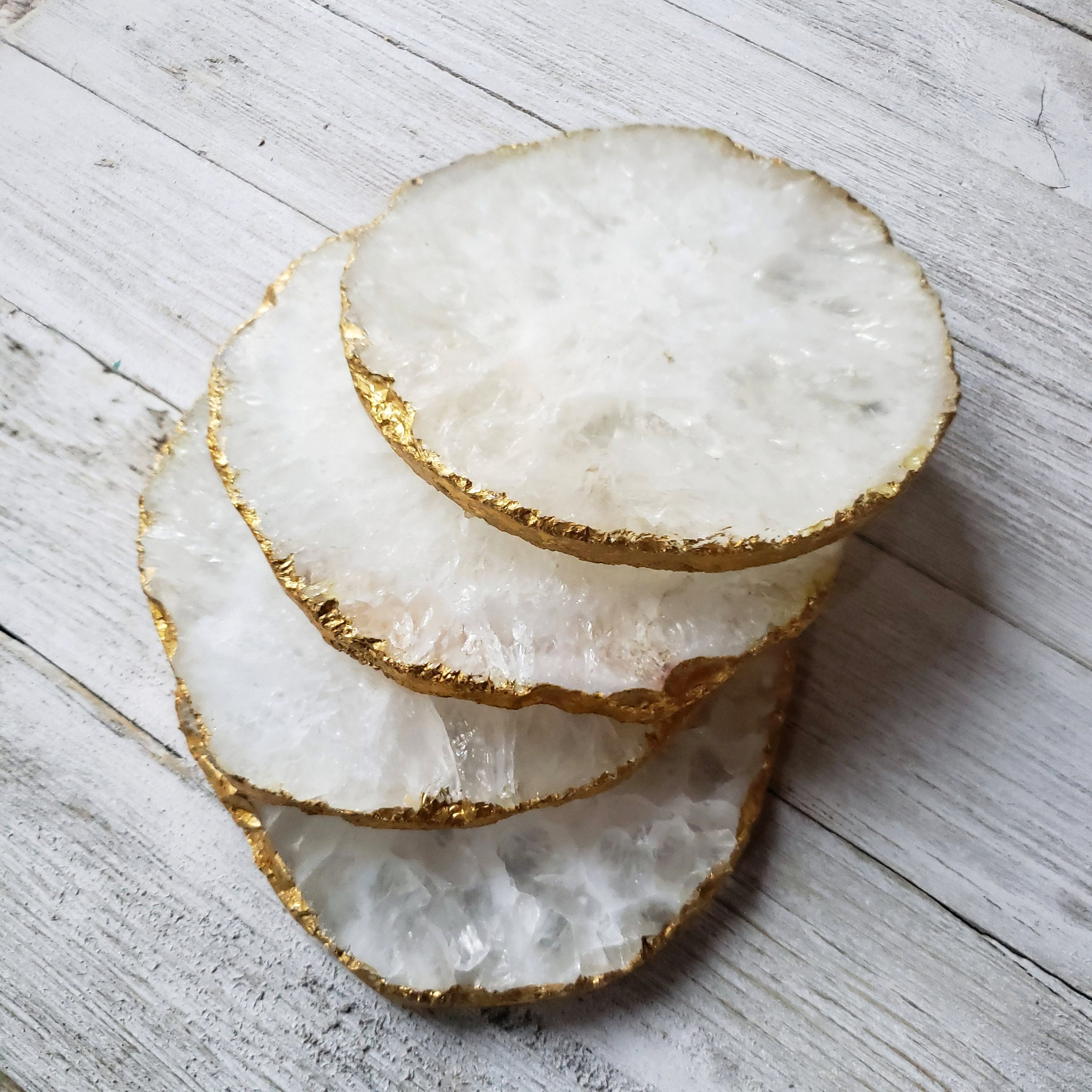 White Agate Coasters with Gold Edges Etsy