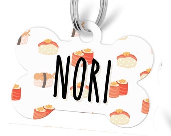 Pet Id Tag Sushi Personalized Custom Optional QR Code Wish Bone, Heart, Round