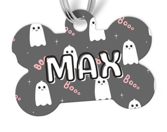 Ghost Pet Id Tag, Personalized Custom Optional QR Code Tag, Halloween Pet Tags, Spooky Tags, Kawaii Ghosts Pet Merch, Pet Accessories