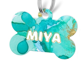 Custom Watercolor Pet ID Tag, Teal & Gold, Personalized Dog and Cat Name Tag