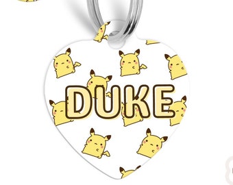 Pet Id Tag Pikachu Inspired Print Personalized Pattern Custom Pet Tag, Optional QR Code, Double Sided Dog Tag, Floral Dog Tag, Cute Dog Tag