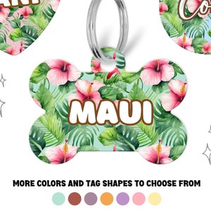 Tropical Floral Pet ID Tag, Double Sided Dog Tag for Dog, ID Tag, Custom Pet Tag, Tag, Personalized Pet Tag Hawaiian Flowers, Gifts for dogs