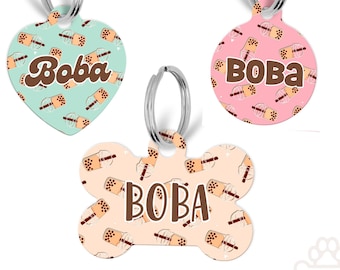 Boba Milk Tea Pet Id Tag , Bubble tea Personalized Custom Tag, QR Code, Boba gifts, Gifts for puppies, Gifts for her, Double sided Pet tag