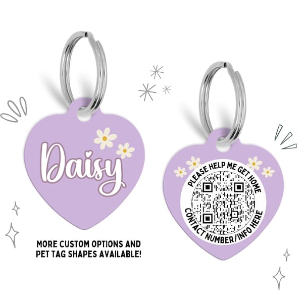 Pastel Lilac Daisy Print Dog Tag, Personalized Dog Tag, Custom Dog Tag, Double Sided Dog Tag, Floral Dog Tag, QR Code Pet Tag, Purple Tag