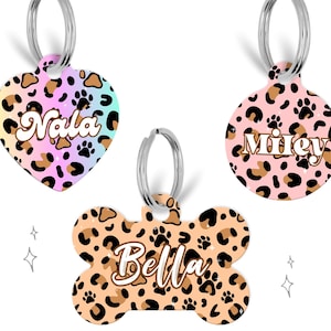 Custom Leopard Print Pet ID Tag with Name, Optional QR Code,  Dog or Cat Tag in Heart, Bone, or Round Shape, Cute & Durable