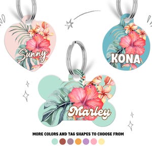 Tropical Floral Pet ID Tag, Double Sided Dog Tag for Dog, ID Tag, Custom Pet Tag, Tag, Personalized Pet Tag Hawaiian Flowers, Gifts for dogs