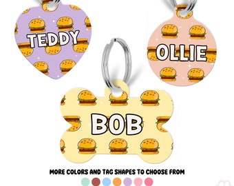 Burger Pet Tag, Cheeseburger Pet ID Tag, Double Sided Pet Tags, Scannable QR Pet Tags, Gifts for Cats and Dog, Funny Pet Tag, Dog Tag Collar