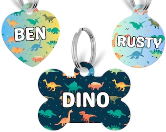 Dinosaur Pet Tag, Double Sided Dog Tag for Dog, Pet ID Tag, Custom Pet Tag, Dinosaur Dog Tag, Personalized Pet Tag, Heart Tag, Round, Dino