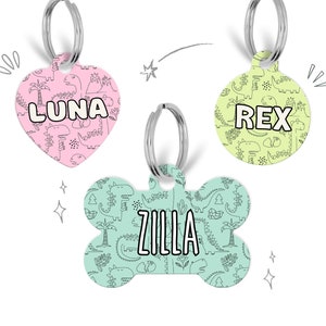 Dinosaur Pet Tag, Double Sided Dog Tag for Dog, Pet ID Tag, Custom Pet Tag, Dinosaur Dog Tag, Personalized Pet Tag, Heart, Round, Dino