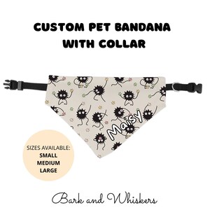 May include: A beige pet bandana with a black and white cartoon character print. The bandana has a black adjustable collar strap and the name "Maisy" is printed on the bandana. The bandana is available in small, medium, and large sizes. The text "Bark and Whiskers" is printed below the bandana.