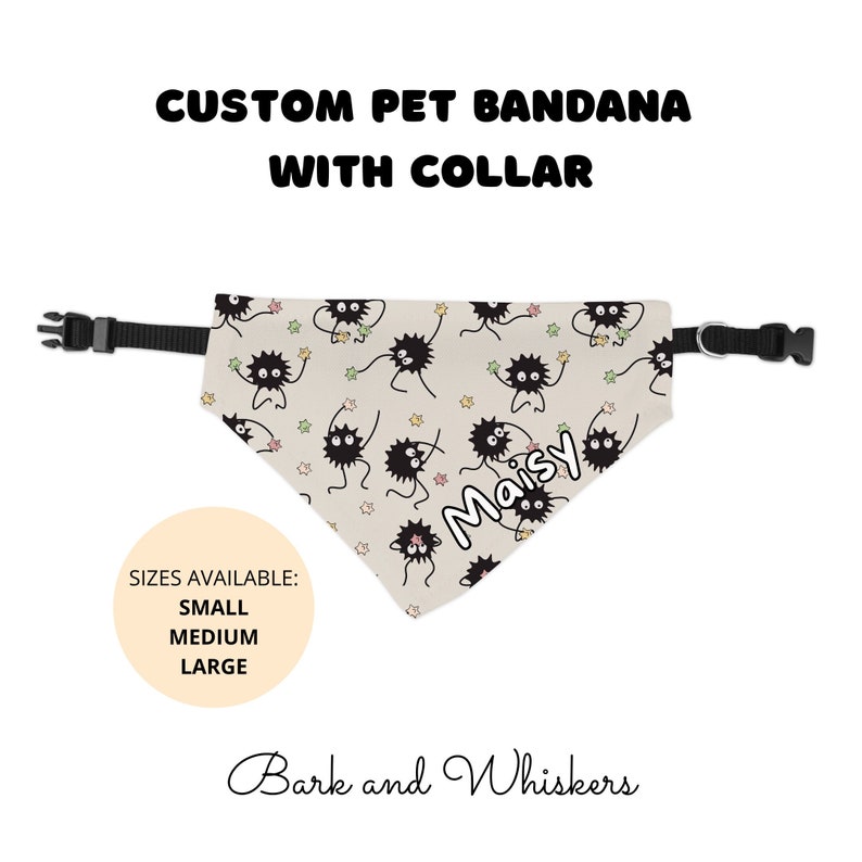May include: A beige pet bandana with a black and white cartoon character print. The bandana has a black adjustable collar strap and the name "Maisy" is printed on the bandana. The bandana is available in small, medium, and large sizes. The text "Bark and Whiskers" is printed below the bandana.