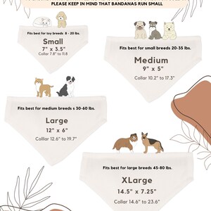 May include: A guide to bandana sizing for dogs, with illustrations of different dog breeds and their corresponding bandana sizes. The chart includes measurements in inches for the bandana and the dog's collar size. The text reads "Bandana Sizing" and "To ensure a proper fit, please measure your dog's neck or collar. Please keep in mind that bandanas run small."