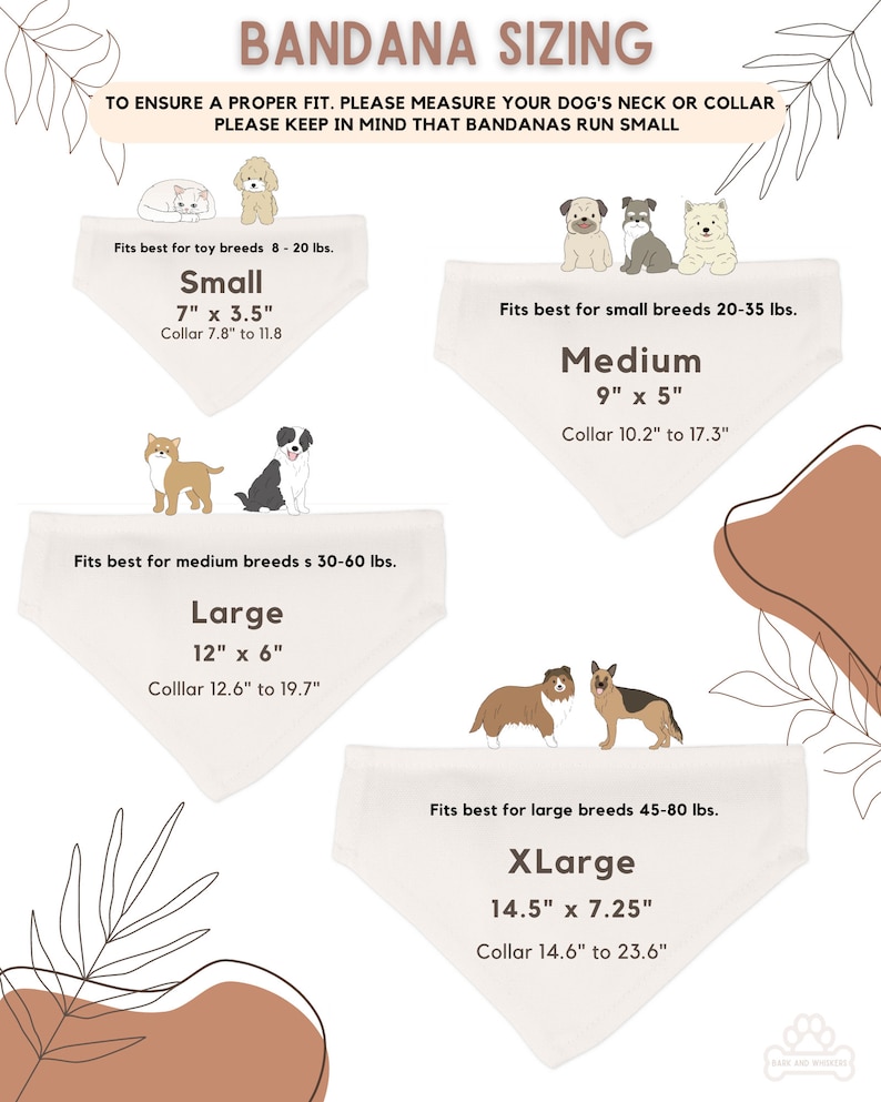 May include: A guide to bandana sizing for dogs, with illustrations of different dog breeds and their corresponding bandana sizes. The chart includes measurements in inches for the bandana and the dog's collar size. The text reads "Bandana Sizing" and "To ensure a proper fit, please measure your dog's neck or collar. Please keep in mind that bandanas run small."