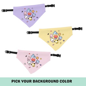 May include: Three dog bandanas with a cute cartoon design featuring a group of characters. The bandanas are available in purple, yellow, and pink.