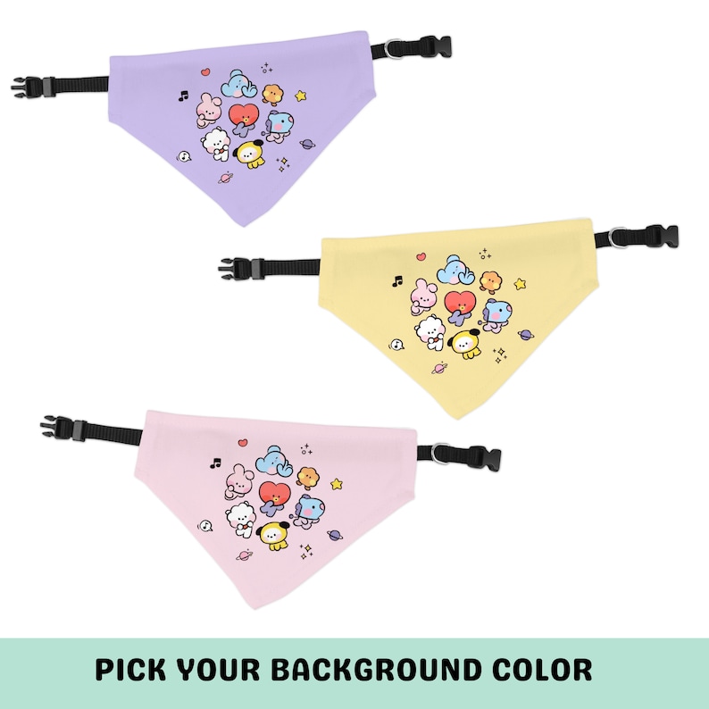 May include: Three dog bandanas with a cute cartoon design featuring a group of characters. The bandanas are available in purple, yellow, and pink.
