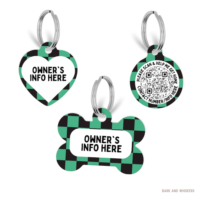 May include: Three pet ID tags with a black and teal checkered pattern and silver split rings. One heart-shaped tag and one bone-shaped tag both read OWNER'S INFO HERE. One circular tag features a QR code and text PLEASE SCAN & HELP ME GET HOME.