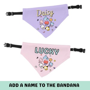 May include: Two purple and pink dog bandanas with a cartoon character design and the names "Daisy" and "Lucky" printed on them. The bandanas have black adjustable straps.