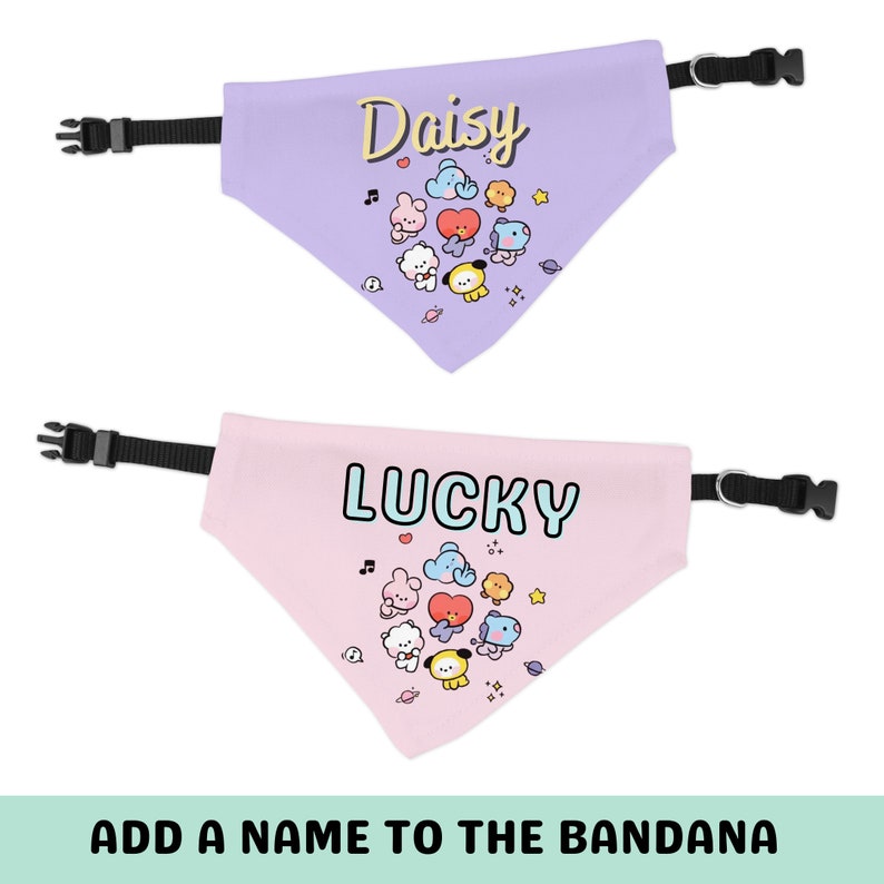 May include: Two purple and pink dog bandanas with a cartoon character design and the names "Daisy" and "Lucky" printed on them. The bandanas have black adjustable straps.