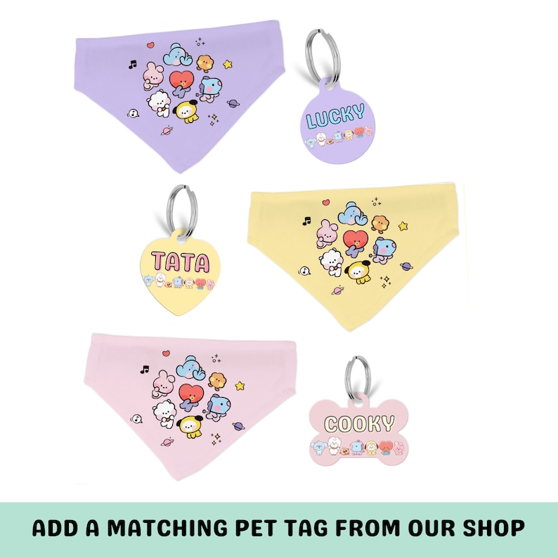 May include: Three different pet bandanas with matching pet tags. The bandanas are purple, yellow, and pink with a cartoon design of characters from the K-pop group BTS. The tags are purple, yellow, and pink with the names "Lucky", "Tata", and "Cooky" on them.