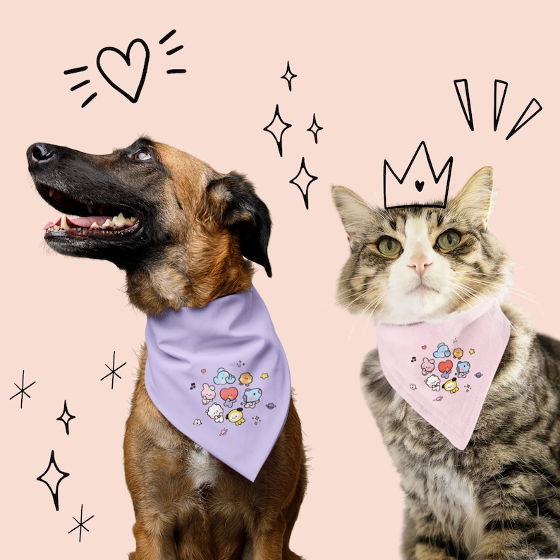 May include: A brown and black dog wearing a purple bandana with a cartoon design and a gray and white cat wearing a pink bandana with a cartoon design. The dog is looking up and the cat is looking at the camera. Both animals are wearing bandanas with cartoon characters on them.
