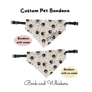 May include: Two custom pet bandanas with a black and white cartoon print of a creature with a bow tie. The bandana on the left has the name "Maisy" printed on it. The bandana on the right has no name. Both bandanas are beige with a black adjustable strap.