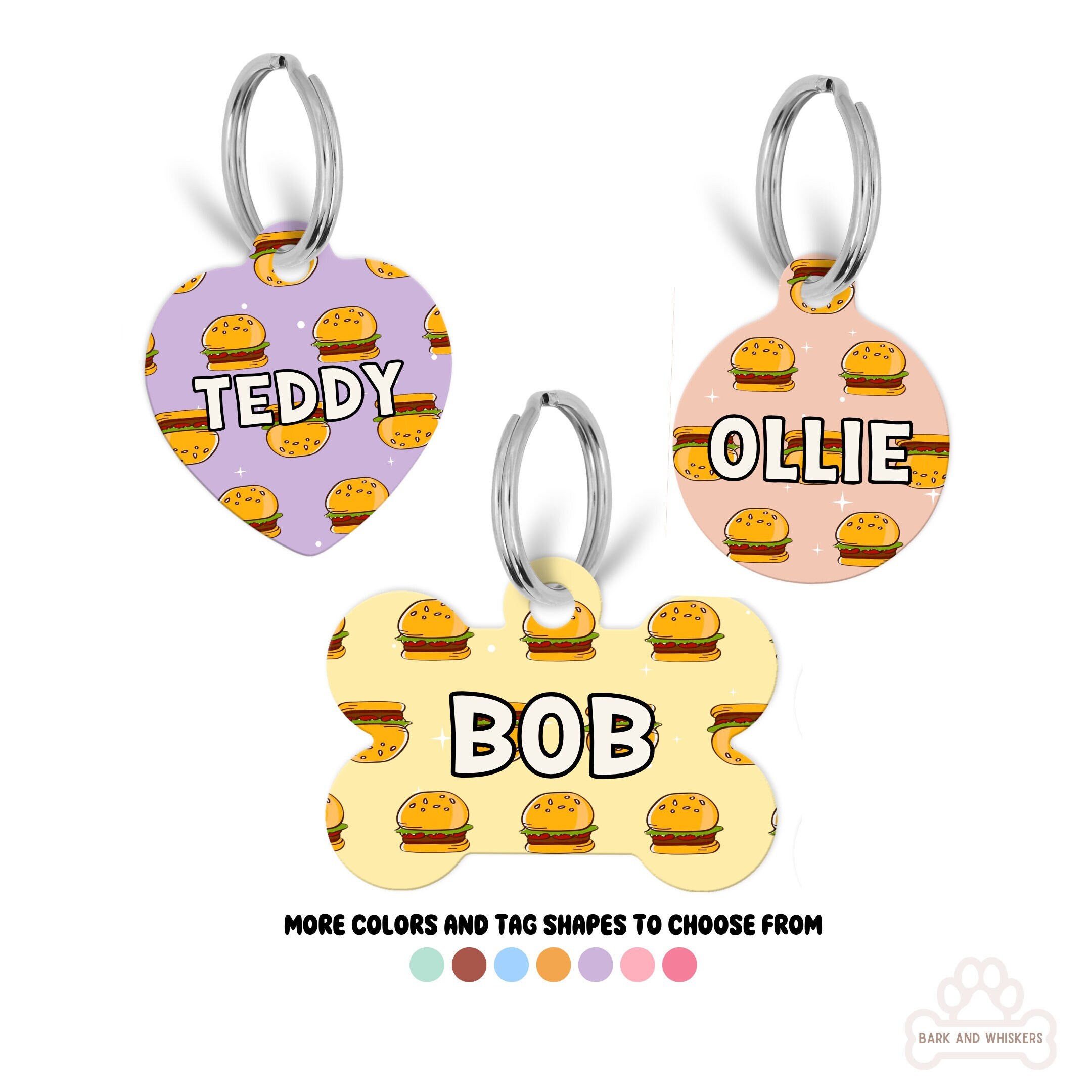 Burger Pet Tag, Cheeseburger Pet ID Tag, Double Sided Pet Tags, Scannable QR Pet Tags, Gifts for Cats and Dog, Funny Pet Tag, Dog Tag Collar