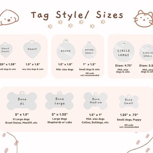 May include: A chart titled Tag Style/ Sizes displaying various pet tag shapes including heart, round, circle, and bone in multiple sizes with dimensions in inches. The chart features line drawings of a dog and cat face and paw prints.