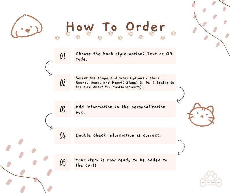 May include: A white instructional graphic titled How To Order with brown text and paw print accents. It lists five steps for ordering custom items, including choosing back styles, selecting shapes and sizes, and adding personalization details.