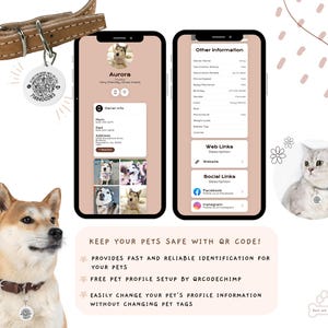 May include: A tan leather pet collar with a round metal QR code tag, two smartphone screens displaying a digital pet profile, and a cat wearing a tag. Text reads: KEEP YOUR PETS SAFE WITH QR CODE! PROVIDES FAST AND RELIABLE IDENTIFICATION.