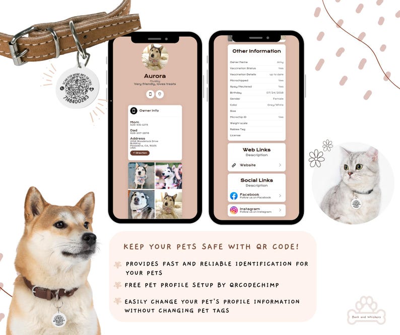 May include: A tan leather pet collar with a round metal QR code tag, two smartphone screens displaying a digital pet profile, and a cat wearing a tag. Text reads: KEEP YOUR PETS SAFE WITH QR CODE! PROVIDES FAST AND RELIABLE IDENTIFICATION.