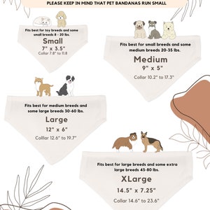 May include: A guide to bandana sizing for dogs, with illustrations of different dog breeds. The chart shows the bandana size in inches, the corresponding collar size in inches, and the recommended weight range for each size. The sizes are: Small (7 x 3.5 inches, collar 7.8 to 11.8 inches, 8-20 lbs), Medium (9 x 5 inches, collar 10.2 to 17.3 inches, 20-35 lbs), Large (12 x 6 inches, collar 12.6 to 19.7 inches, 30-60 lbs), and XLarge (14.5 x 7.25 inches, collar 14.6 to 23.6 inches, 45-80 lbs).