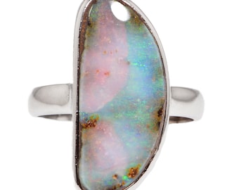 Boulder Opal Sterling Silver Ring: Pink Green Gemstone, US Size 8
