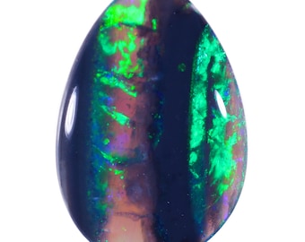 May include: A dark blue, green, and purple opal gemstone with a teardrop shape.