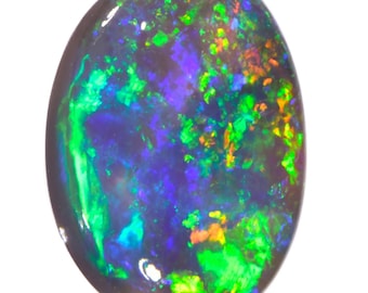 May include: A dark gray oval opal gemstone with green, blue, and orange flashes of color.