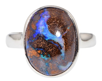Sterlingzilveren ring Boulder Opal: gerhodineerde sieraden, Amerikaanse maat 7