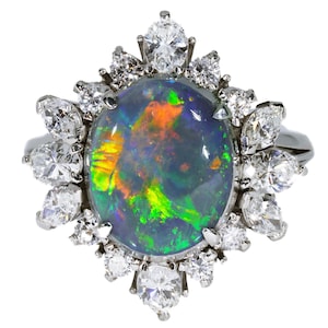 Platinum Black Opal Ring | Fiery Black Opal | Diamond Halo | Pt850 | US Size 6 | Australian Black Opal Fine Jewelry | Valentine&#39;s Gift