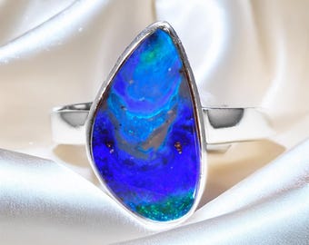 Ocean Blue Boulder Opal Ring: Sterling Silver Unisex Jewelry, US7
